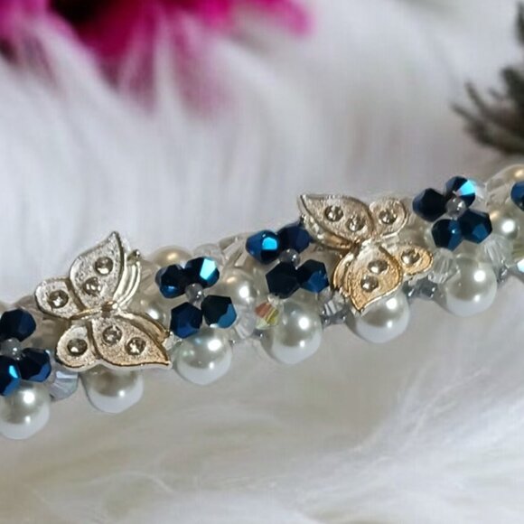 Handcrafted Butterfly & Pearl Beaded Bracelet – Cobalt Blue & Crystal Accents - Picture 6 of 7